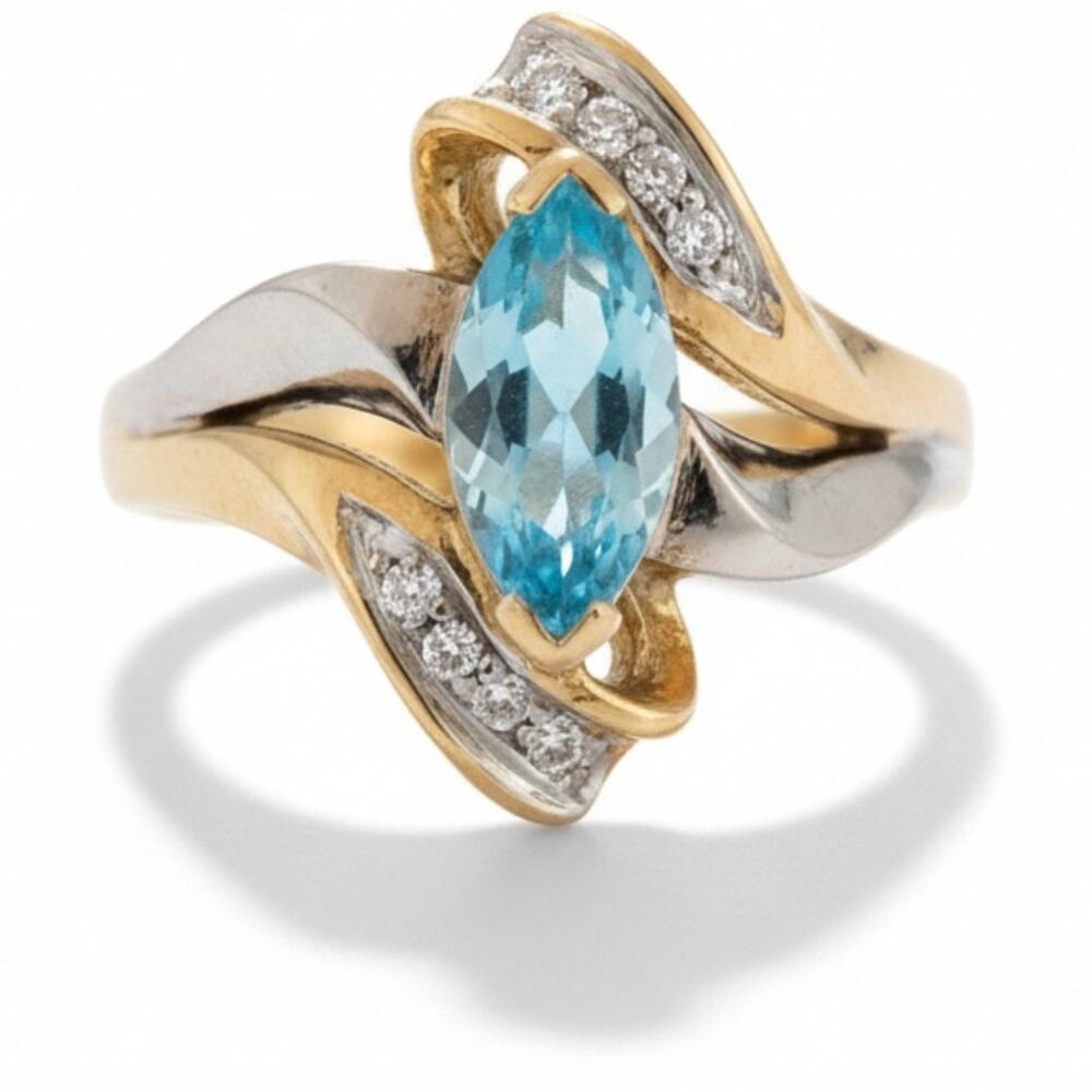 Vintage Marquise Topaz and Round Diamonds Ring 10 KT Yellow and White Gold 7.5